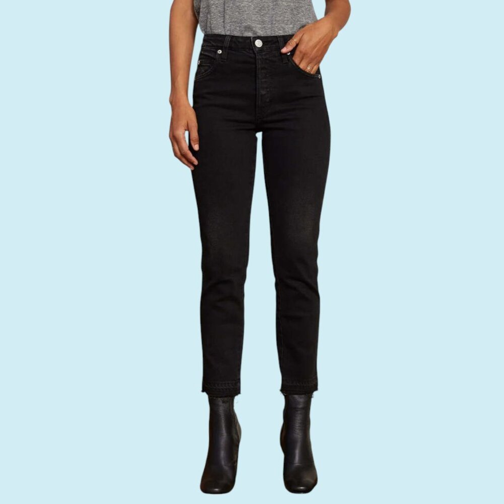AMO Babe Jeans Size 31 Black Magic Button Fly Raw Hem Ankle High Rise Denim $24